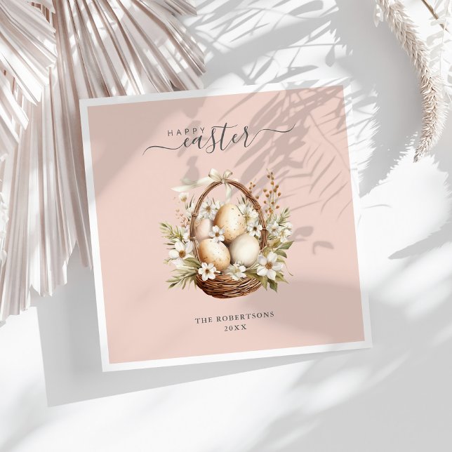 Spring Flowers Eggs Pastel Happy Easter Napkin (Spring Flowers Eggs Pastel Happy Easter Napkins on a sunny white table.)