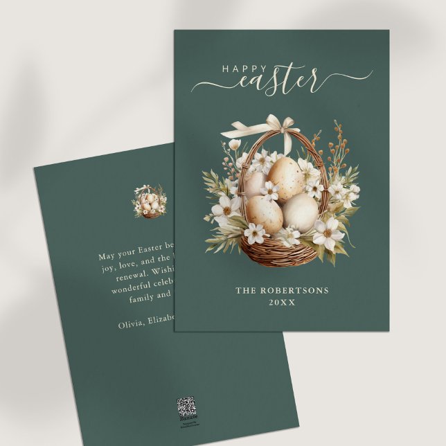 Spring Flowers Eggs Sage Green Happy Easter Holiday Card (Spring Flowers Eggs Sage Green Happy Easter Holiday Card on a white table.)