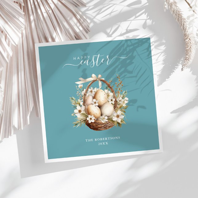 Spring Flowers Eggs Teal Happy Easter Napkin (Spring Flowers Eggs Teal Happy Easter Napkins on a sunny white table.)