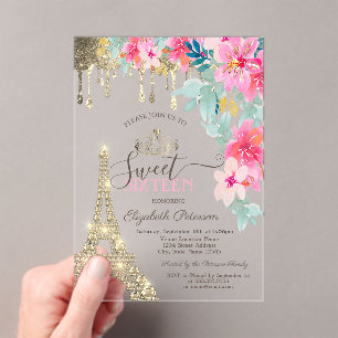 Spring Flowers Eiffel Tower Gold Drips Sweet 16 Acrylic Invitations
