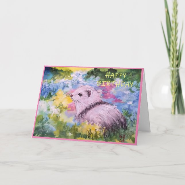 Spring Flowers & Ferret Blank Greeting Cards (Front)