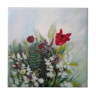 Spring flowers field with poppies and butterflies tile