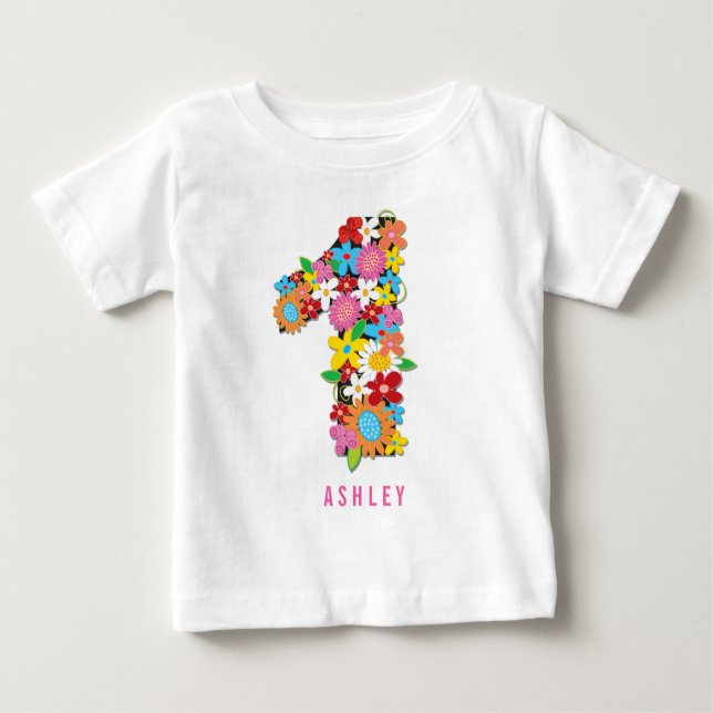 Spring Flowers Garden One Girl 1st Birthday Party Baby T-Shirt (Front)