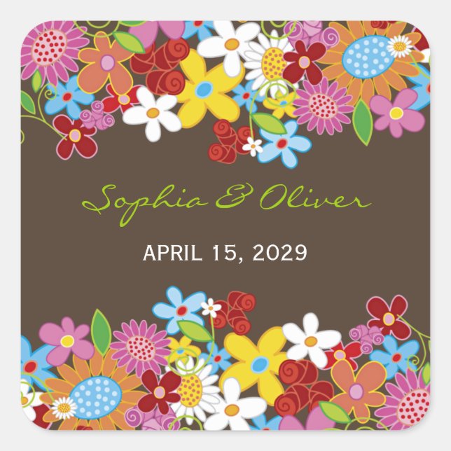 Spring Flowers Garden Whimsical Wedding Favours Square Sticker (Front)