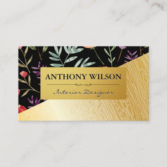 Spring Flowers | Gold Wood Grain Pattern Business Card (Front)