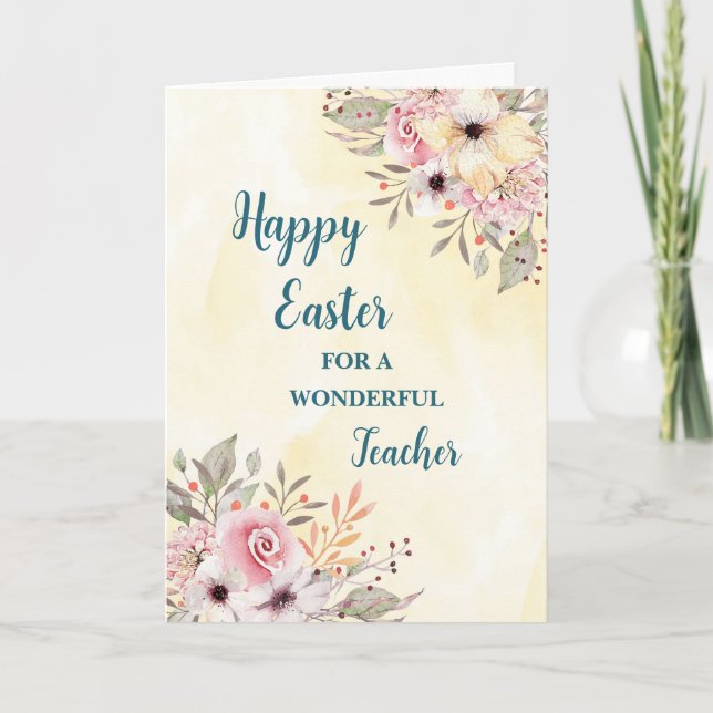 Spring Flowers Happy Easter Teacher Holiday Card (Front)