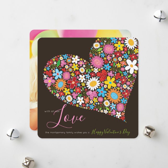 Spring Flowers Heart Sweet Valentine's Day Photo Holiday Card (Front/Back In Situ)