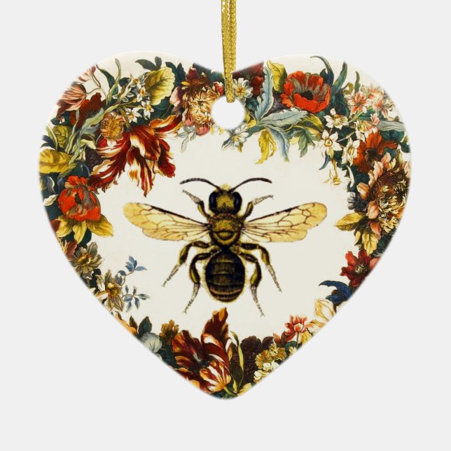 SPRING FLOWERS HONEY BEE / BEEKEEPER HEART CERAMIC TREE DECORATION (Front)