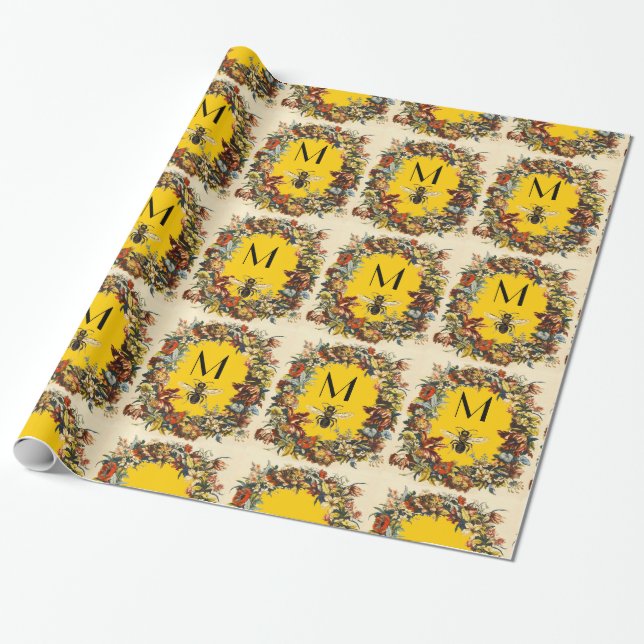 SPRING FLOWERS HONEY BEE / BEEKEEPER MONOGRAM WRAPPING PAPER (Unrolled)