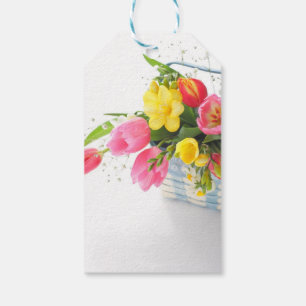 Spring flowers in basket triangle sticker gift tags