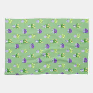 Spring Flowers in Chinoiserie Pots Green Tea Towel