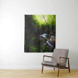 Spring flowers in enchanted river forest tapestry
