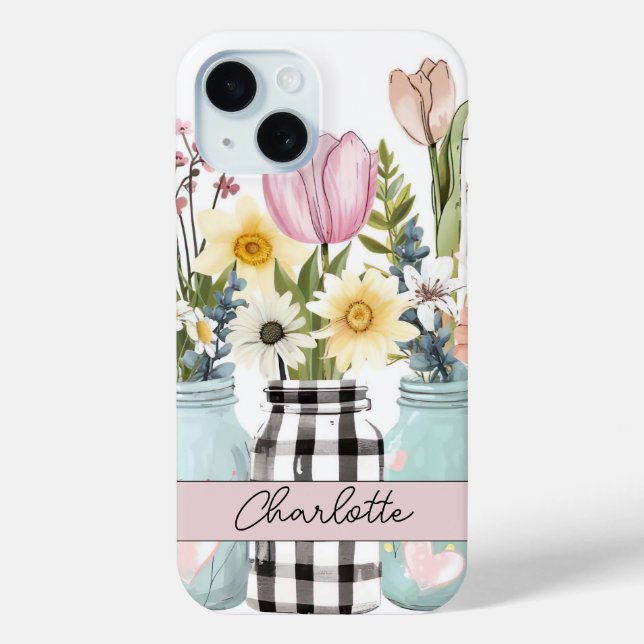 Spring Flowers in Mason Jar Design with Name Case-Mate iPhone Case (Back)