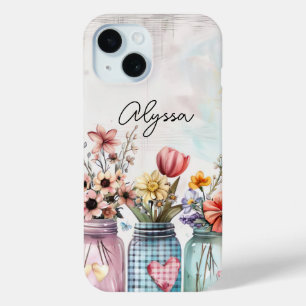 Spring Flowers in Mason Jar Design with Name iPhone 15 Case