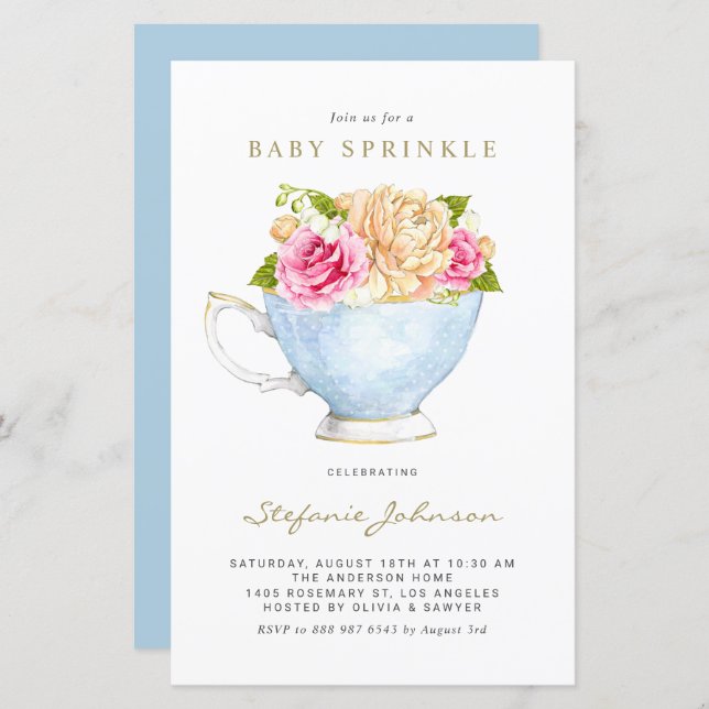 Spring Flowers in Teacup Baby Sprinkle Invitation (Front/Back)