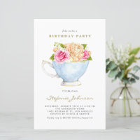 Spring Flowers in Teacup Birthday Party Invitation