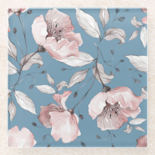Spring flowers, leaves, seamless design glass coaster