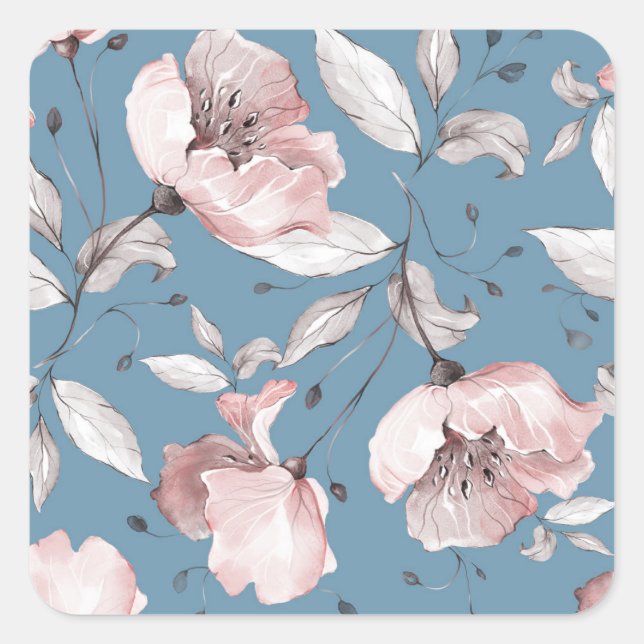 Spring flowers, leaves, seamless design square sticker (Front)