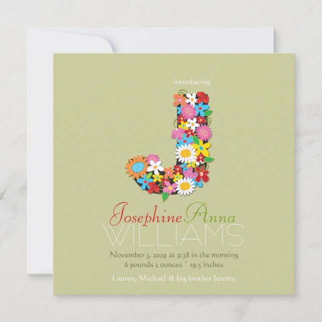 Spring Flowers Monogram Baby Girl Photo Birth Announcement (Front)
