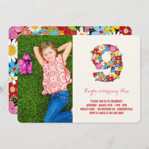 Spring Flowers Nine Girl 9th Birthday Photo Invite