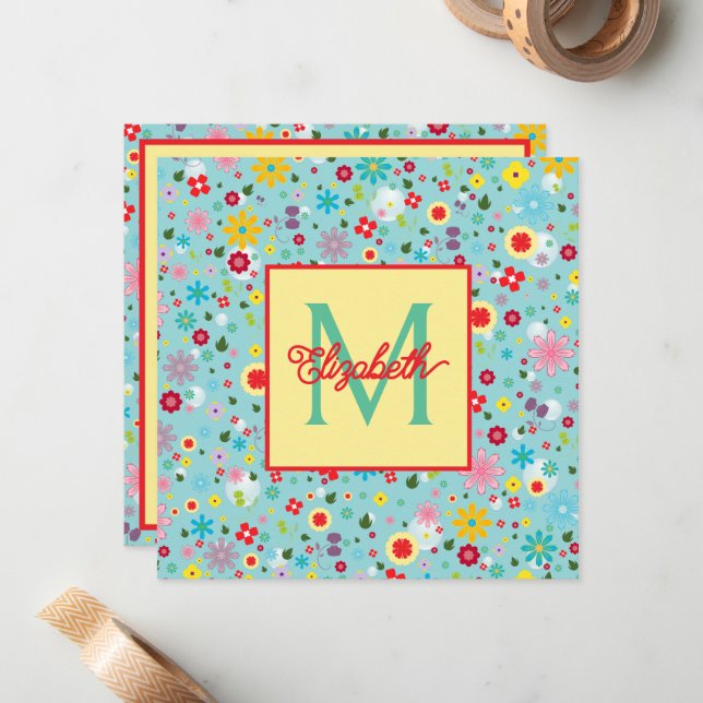 Spring Flowers on Aqua Blue Monogram Card (Front/Back In Situ)