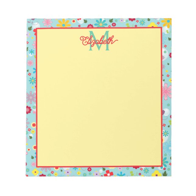 Spring Flowers on Aqua Blue Monogram Notepad (Front)