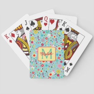Spring Flowers on Aqua Blue Monogram Playing Cards