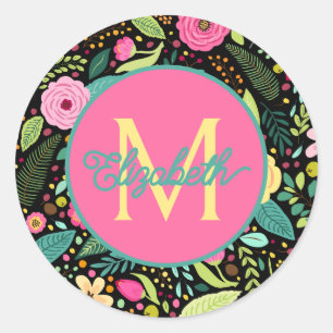 Spring Flowers on Black Monogram Classic Round Sticker