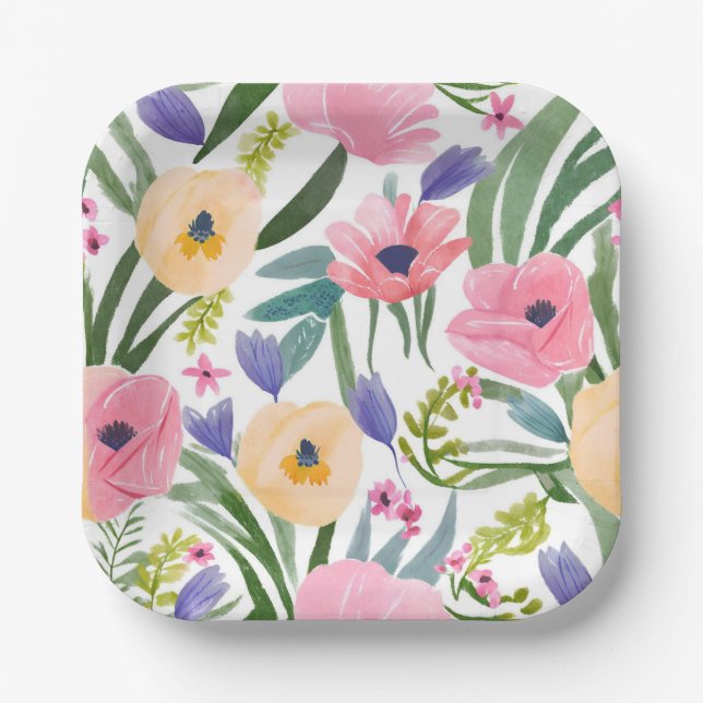 Spring Flowers | Pastel Floral Watercolor Paper Plate (Front)
