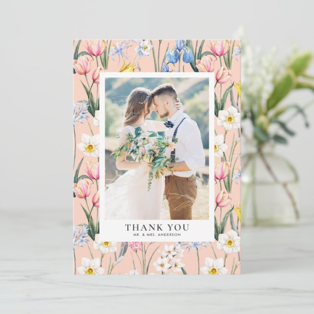 Spring Flowers Pattern Botanical Photo Wedding Thank You Card (Standing Front)