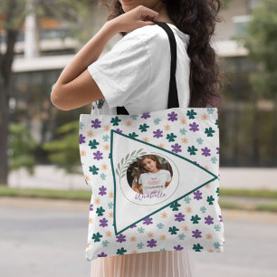 Spring Flowers Pattern with Name & Photo Tote Bag