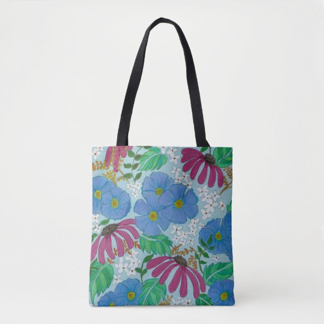 Spring Flowers Periwinkle blue and Pink Tote (Front)