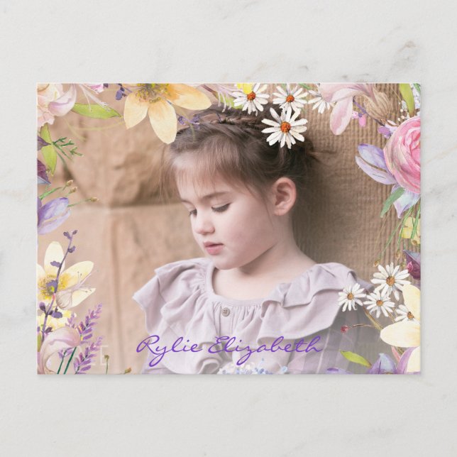 Spring Flowers Photo Frame with Editable Text Postcard (Front)