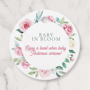 Spring Flowers Pink Circle Girl Baby Shower Favour Tags