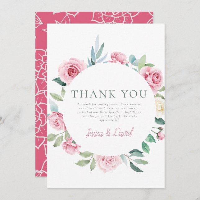 Spring Flowers Pink Circle Girl Baby Shower Thank You Card (Front/Back)