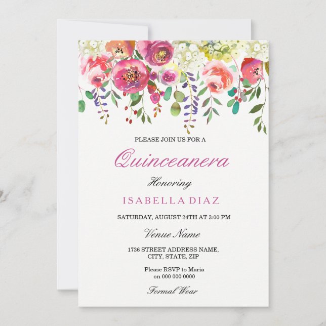 Spring Flowers Pink Peach Quinceanera Invitation (Front)