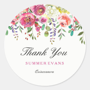 Spring Flowers Pink Peach Quinceanera Thank You Classic Round Sticker