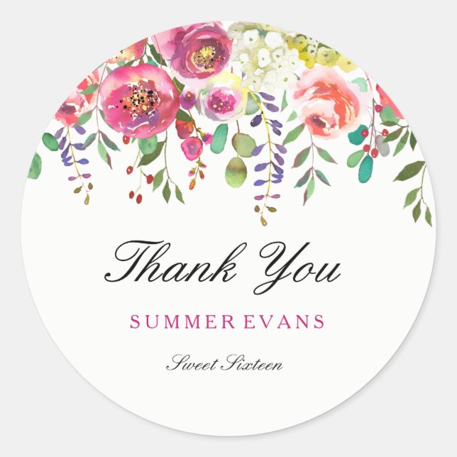 Spring Flowers Pink Peach Sweet 16 Thank You Classic Round Sticker (Front)