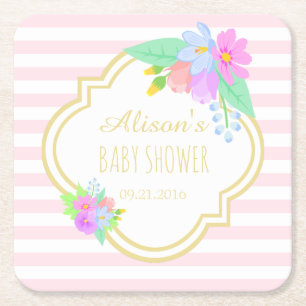 Spring Flowers Pink Stripes Baby Shower Coasters