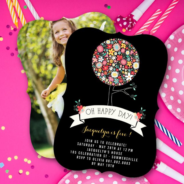 Spring Flowers Pop Tree Girl Birthday Party Photo Invitation (Whimsical Colorful Spring Flowers Pop Tree Girl's Birthday Party Photo Invitation @ fat_fa_tin)