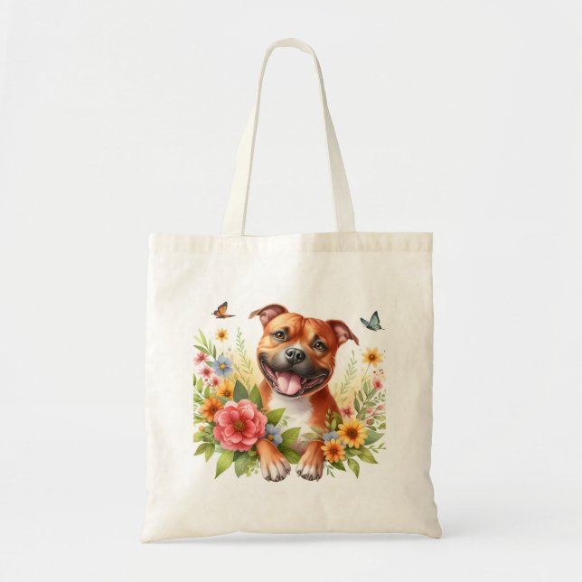 Spring Flowers Red Staffordshire Bull Terrier - Tote Bag (Front)
