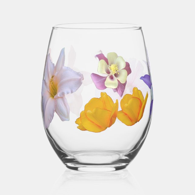 Spring Flowers Stemless Wine Glass (Front)