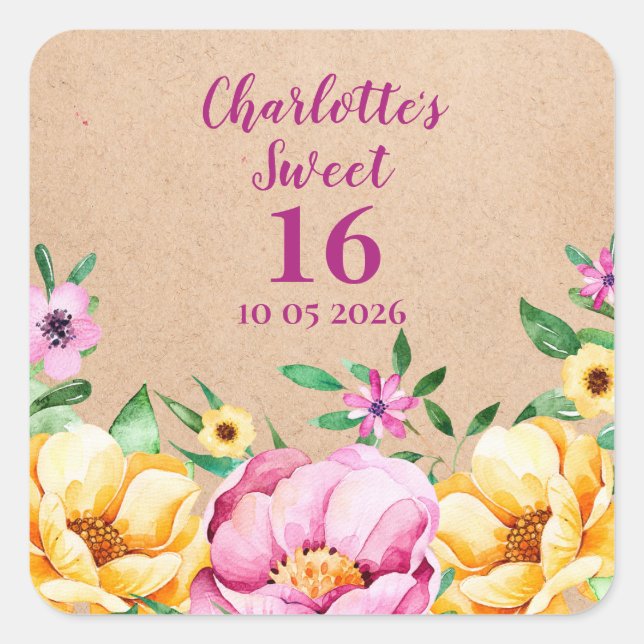 Spring Flowers Sweet 16 Birthday Favour Tag (Front)
