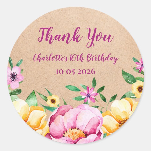 Spring Flowers Thank You Birthday Favour Tag (Front)