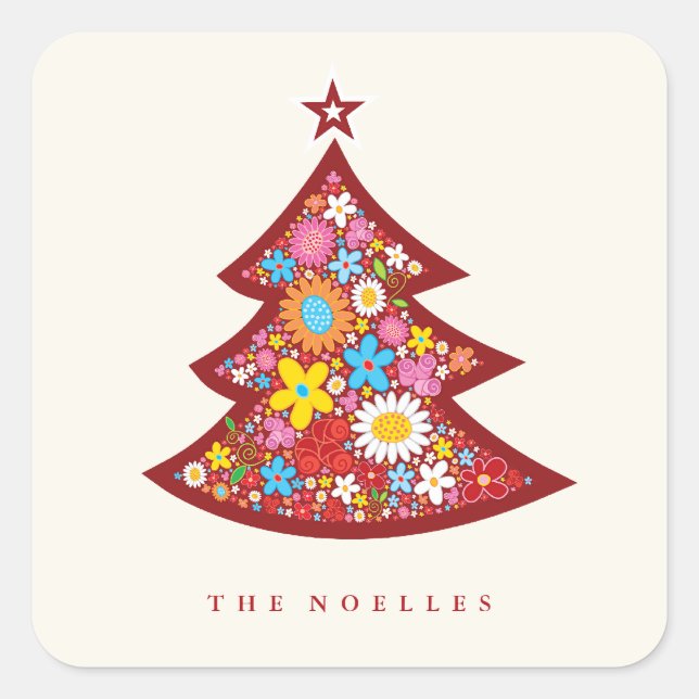 Spring Flowers Tropical Christmas Tree Holiday Square Sticker (Front)