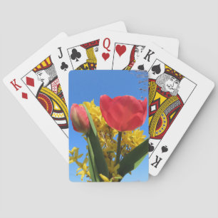 spring flowers, tulips, colourful + flowers, blue playing cards