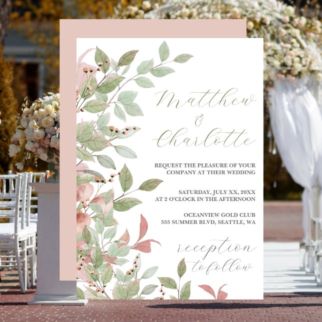 Spring Flowers Watercolor Pink Wedding Invitation (Watercolor Leaves, Green & Pink Wedding Invitation)