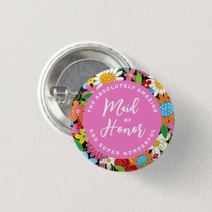 Spring Flowers Wedding Chic Maid Of Honour Name 3 Cm Round Badge