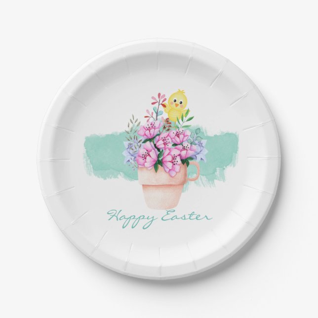 Spring Flowers With Easter Chick Paper Plate (Front)