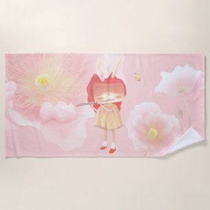 Spring Flute: Bunny Girl Playing Music in Pink Gar Beach Towel